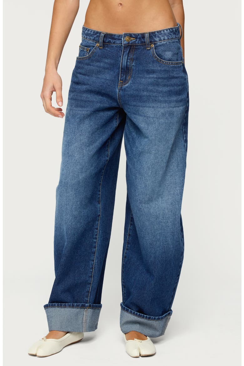 Kella Low Rise Baggy Cuffed Wide Leg Jeans, Main, color, DARK-BLUE-WASHED