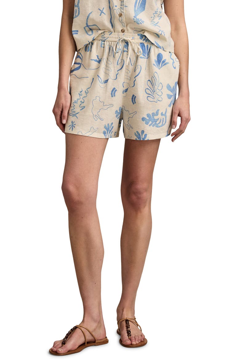 The Beach Linen Blend Drawstring Shorts, Main, color, BLUE CORAL PRINT
