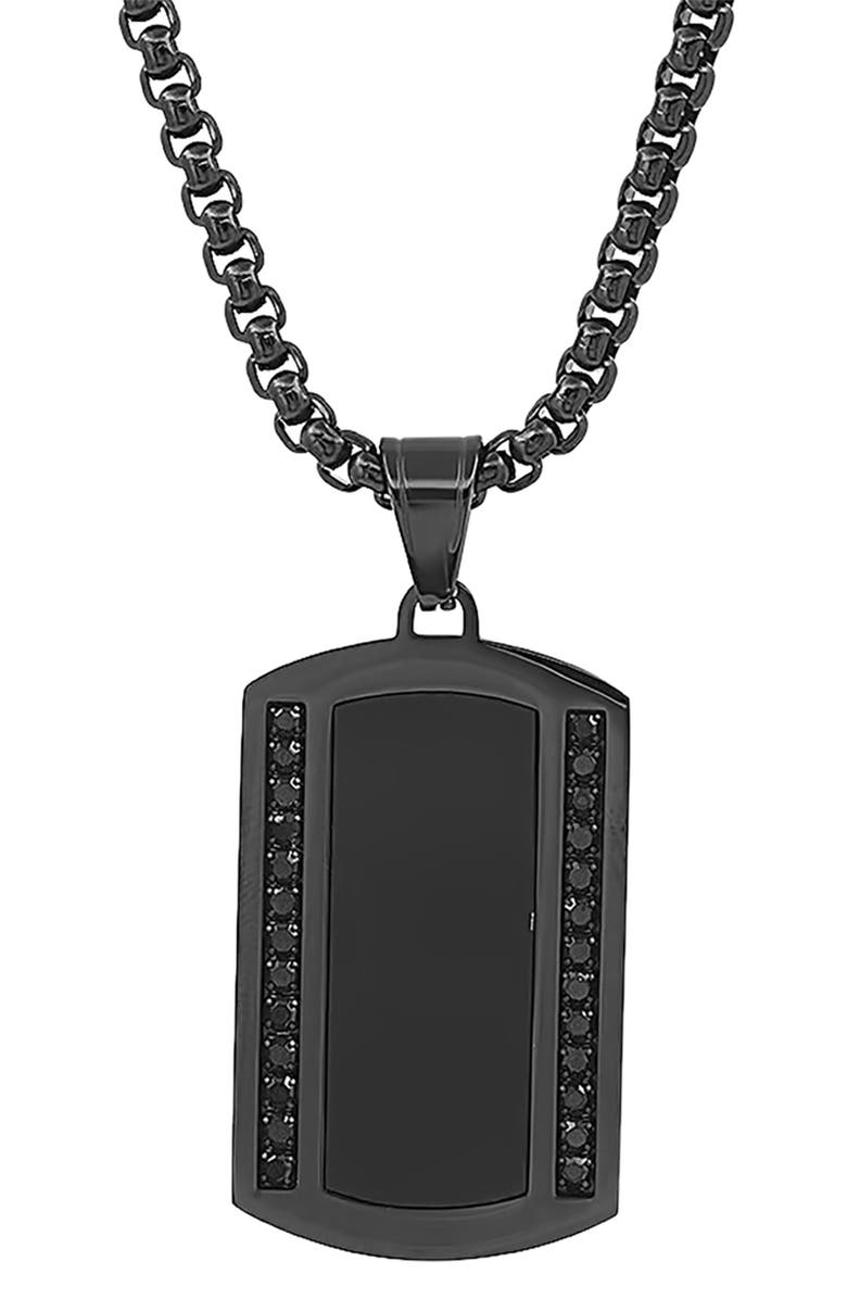 HMY JEWELRY Stainless Steel Black Simulated Diamond Dogtag Necklace, Alternate, color, Black