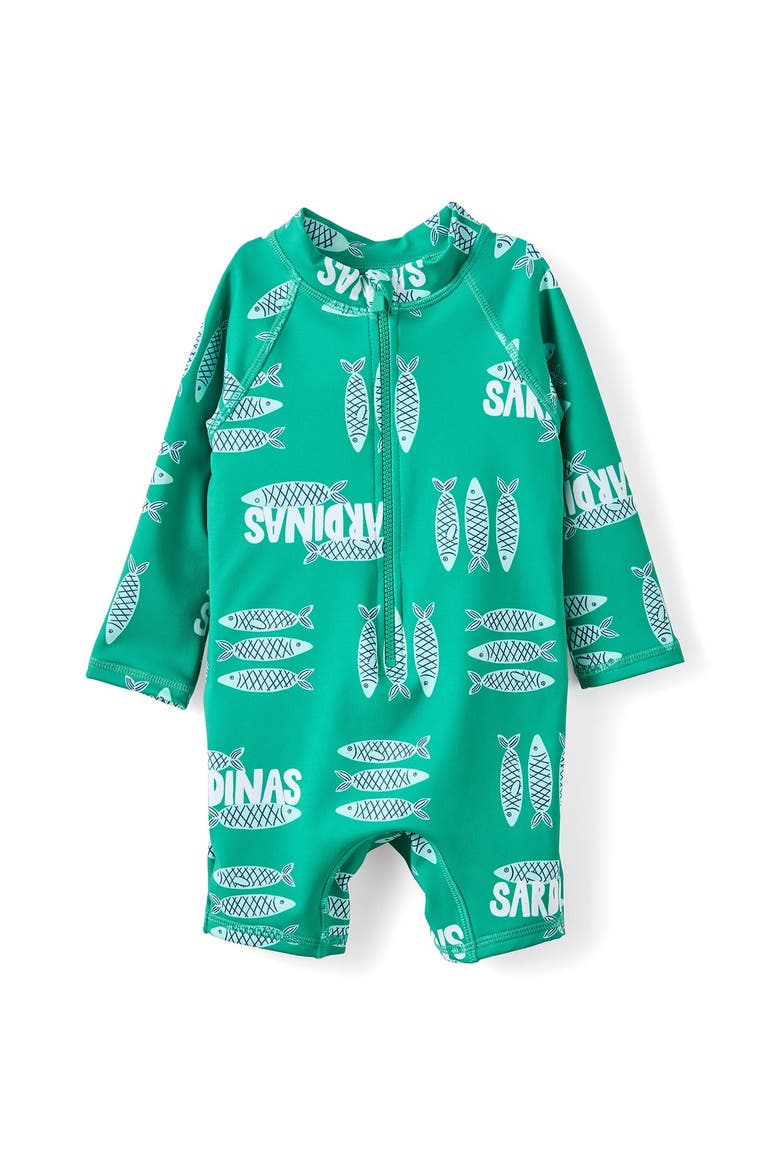 Baby Long Sleeve All In One Swimsuit, Main, color, Deep Mint Sardinas