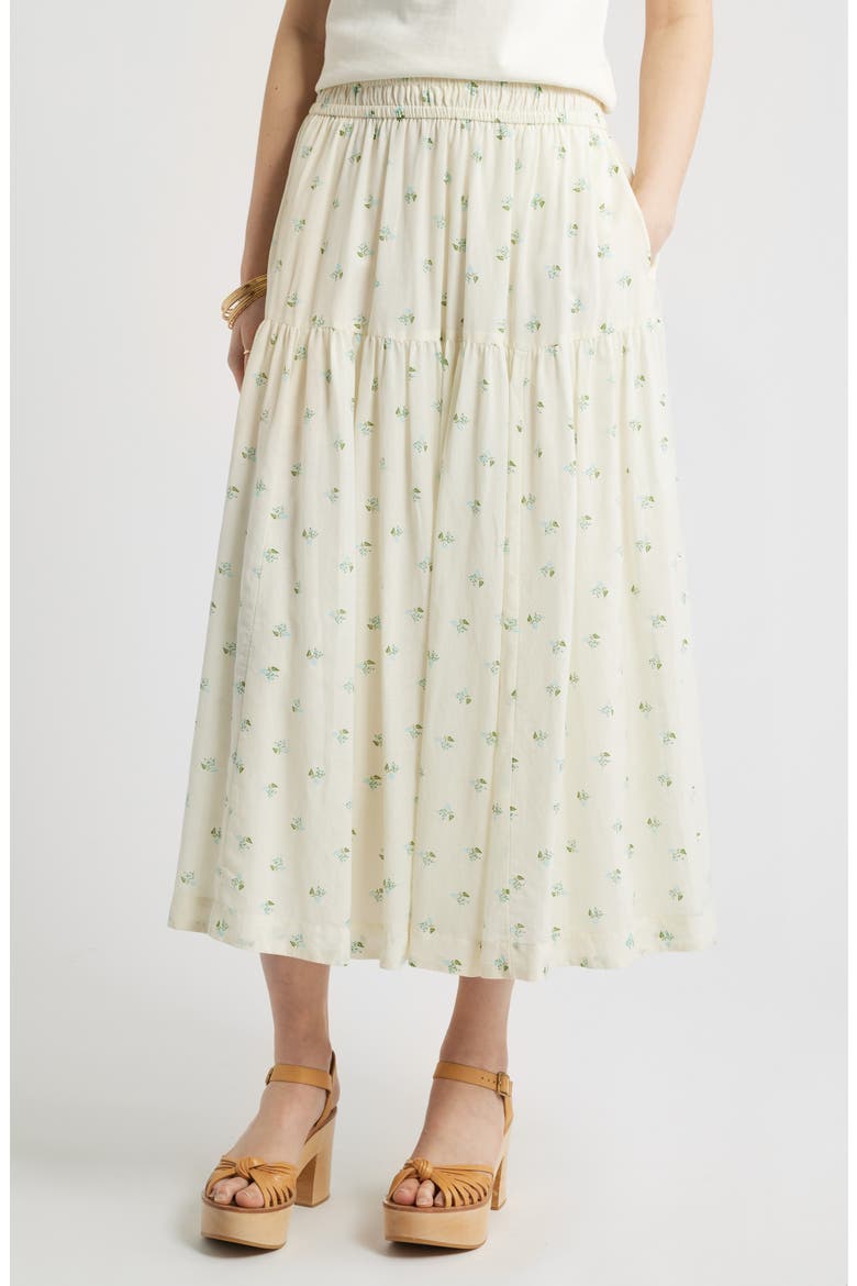 Smocked Waist Cotton Maxi Skirt, Main, color, IVORY- BLUE GARDEN DITSY