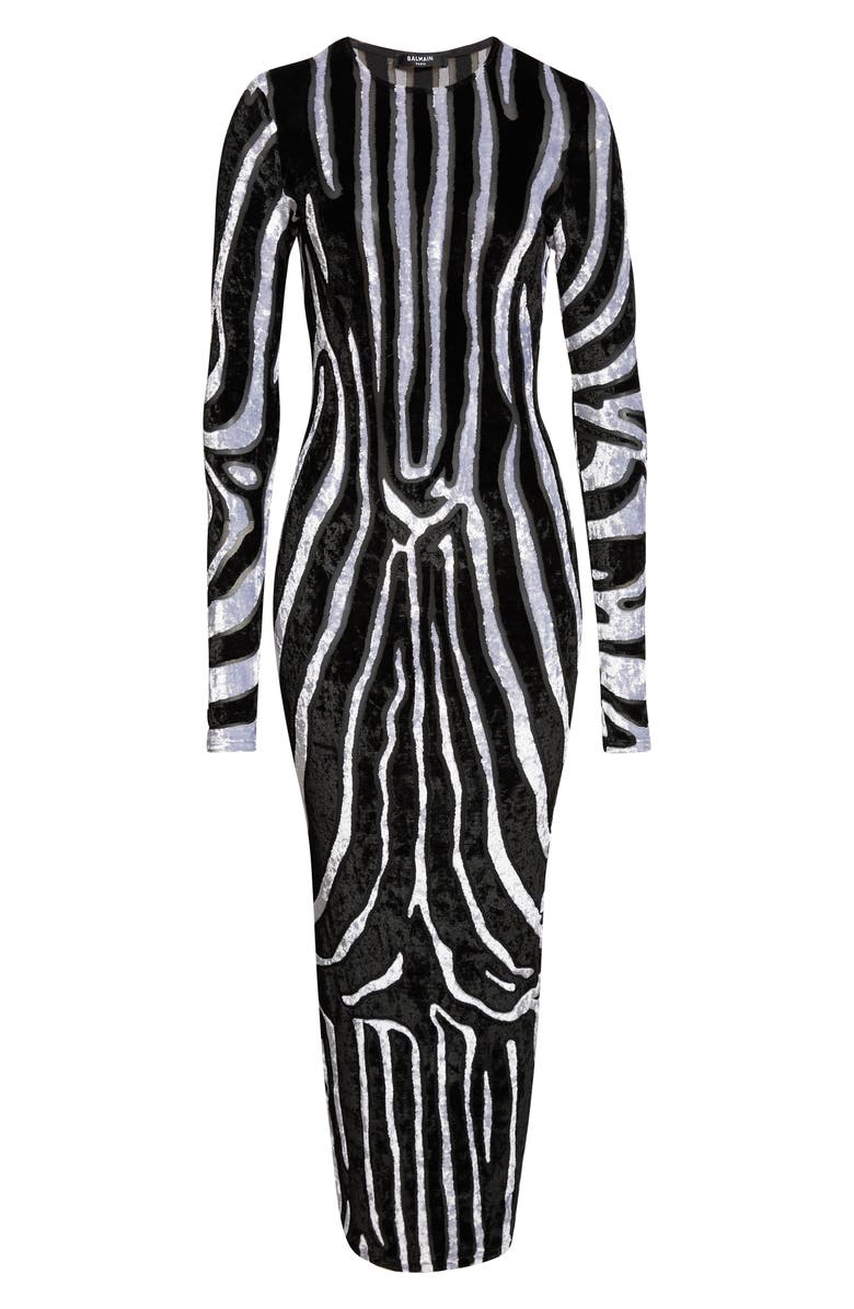 Balmain Zebra Stripe Cutout Long Sleeve Velvet Body-Con Dress, Alternate, color, Black/ White
