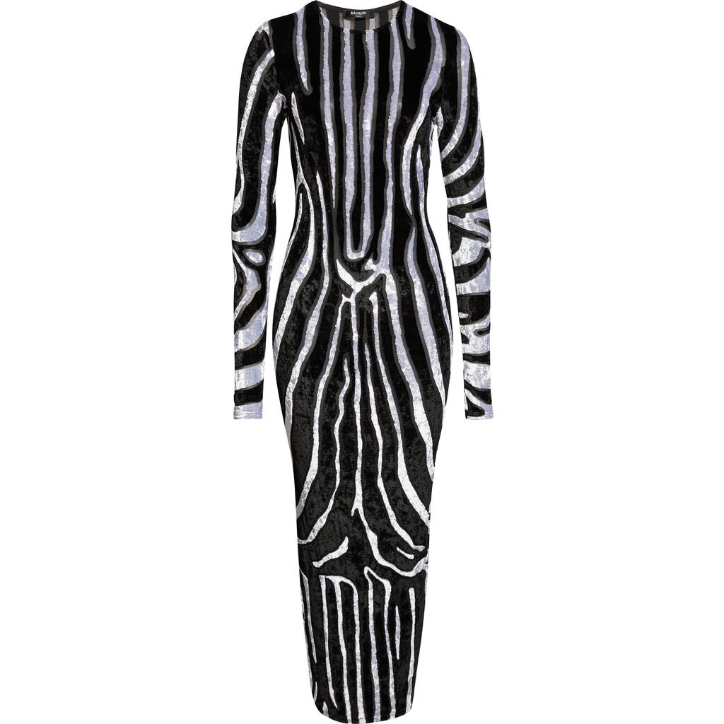 Balmain Zebra Stripe Cutout Long Sleeve Velvet Body-con Dress In Brown