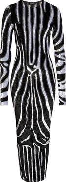 Balmain Zebra Stripe Cutout Long Sleeve Velvet Body-Con Dress