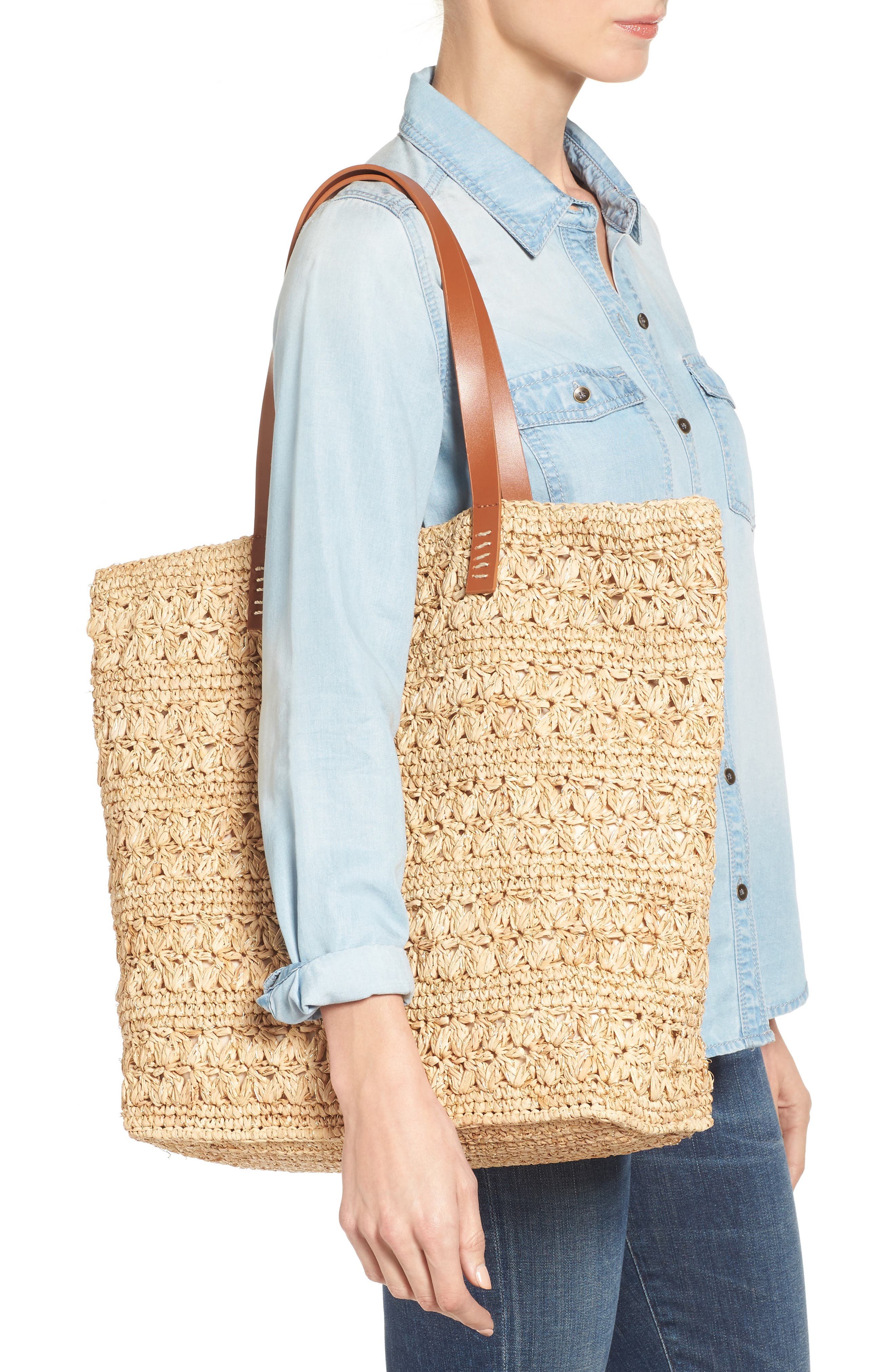 Packable Raffia Crochet Tote, Alternate, color, NATURAL/ GOLD