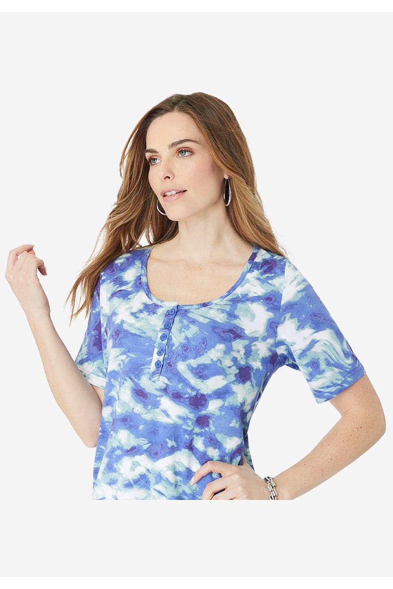 Plus Size 2-Piece Printed Henley Top And Capri Set, Alternate, color, BLACK HOT TROPICS