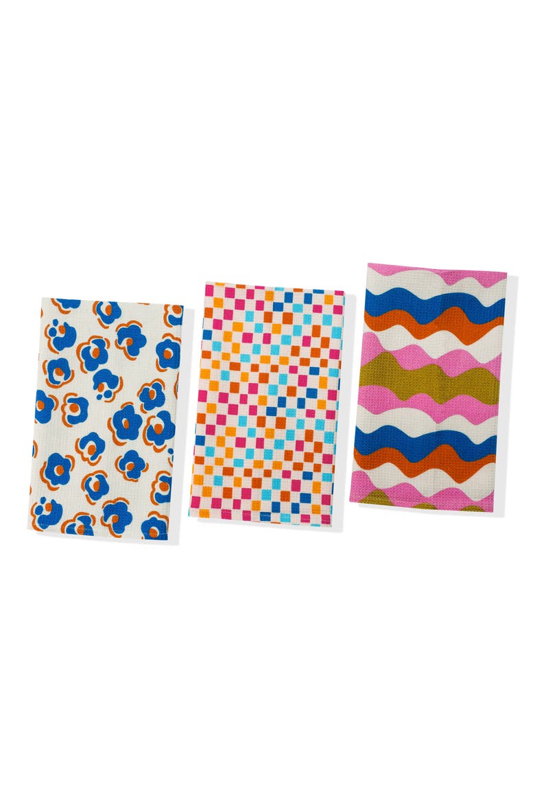 Mid Century Mod Set of 3 Cotton Waffle Kitchen Towels, Main, color, FUCHSIA/ COBALT/ OLIVE