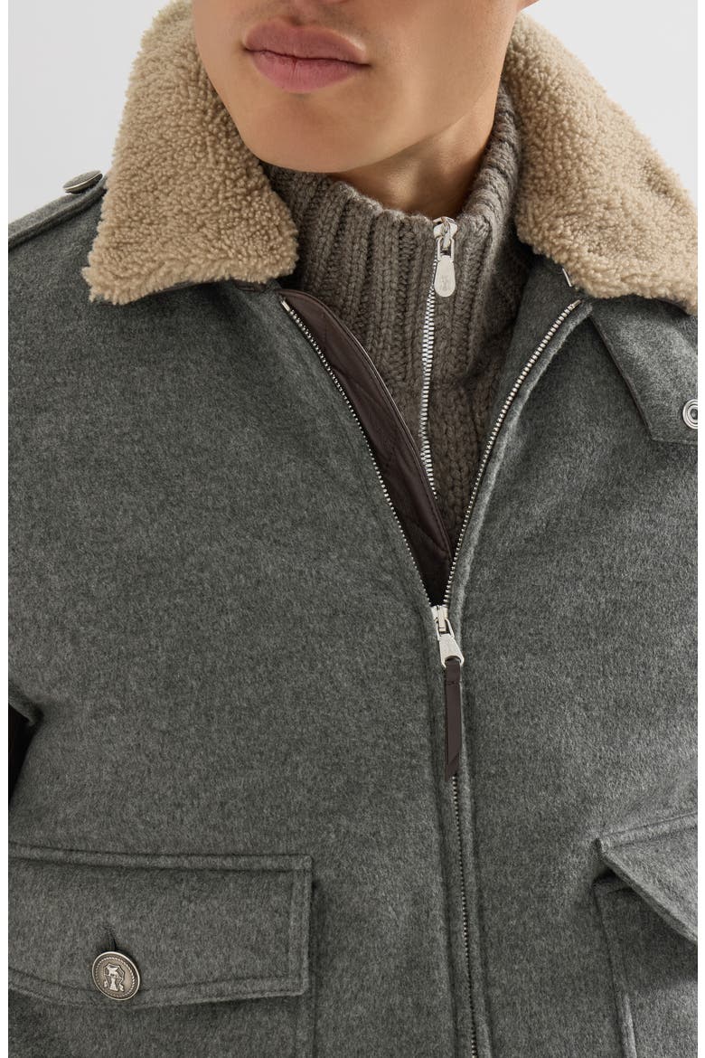 Bonded cashmere beaver cloth and nappa leather bomber jacket with  Thermore® padding and detachable shearling collar, Alternate, color, Medium Grey