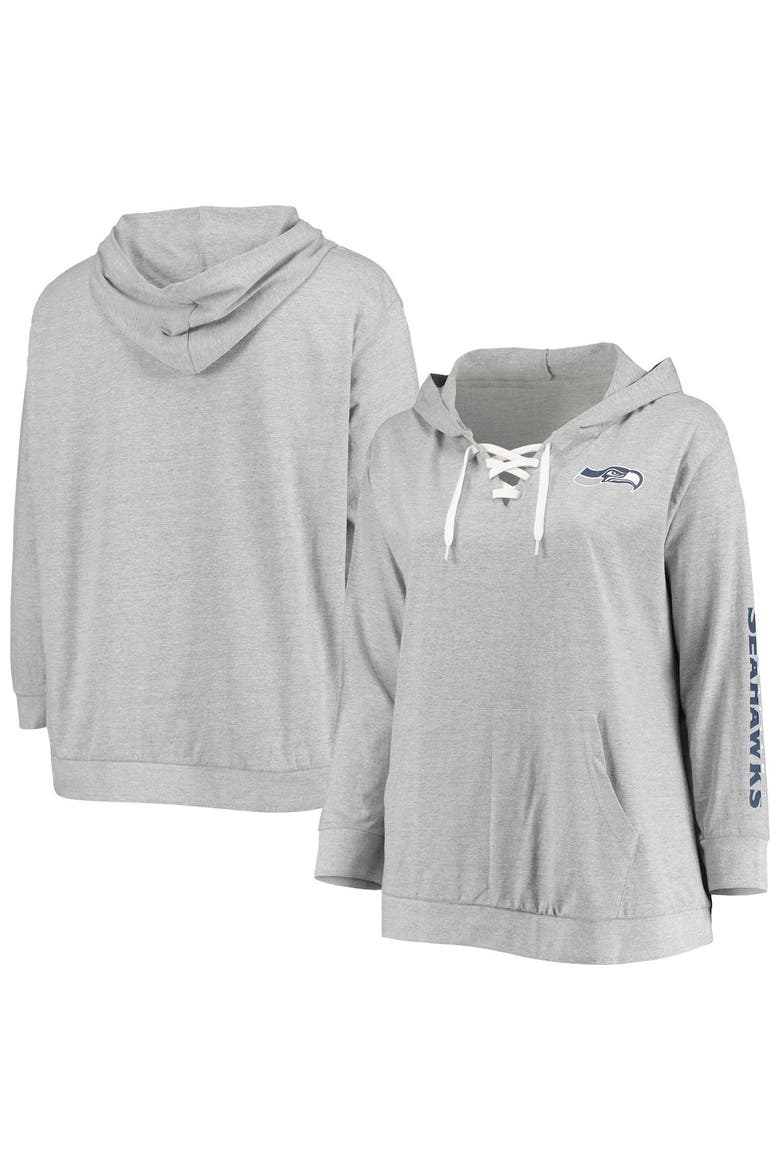 Women's Fanatics Branded Heathered Gray Seattle Seahawks Plus Size Lace-Up Pullover Hoodie, Main, color, Heather Gray
