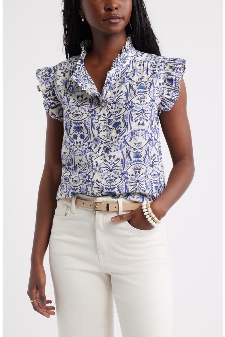 Ruffle Sleeve Cotton Blend Top, Main, color, IVORY- NAVY PALM FLORAL