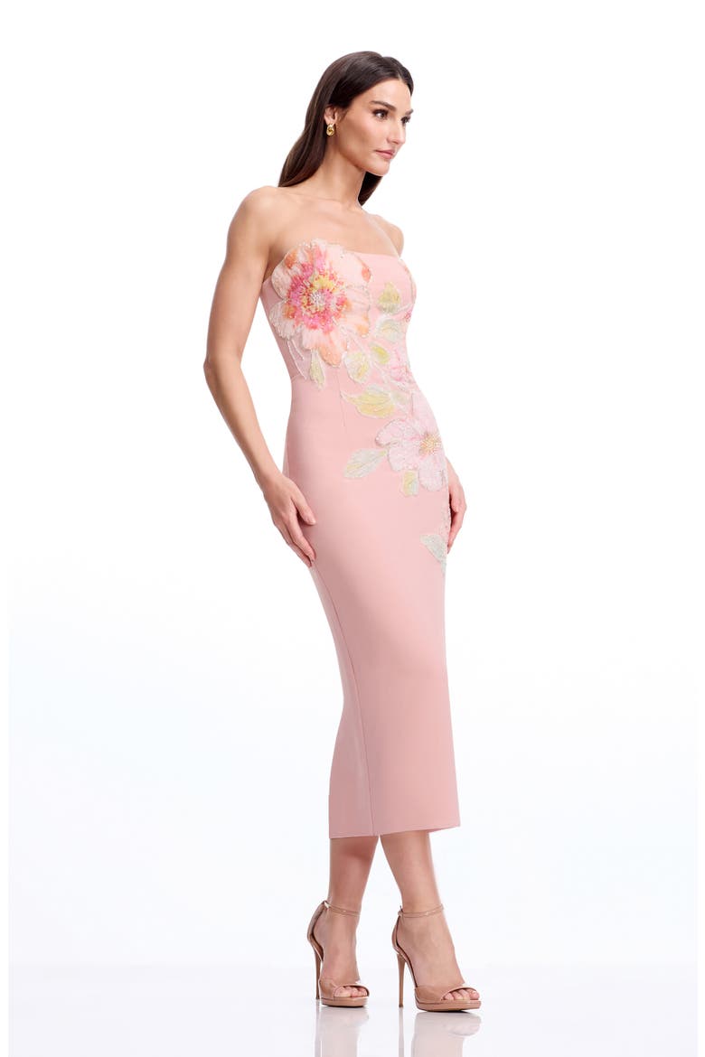 Viviana Strapless Bodycon Tea Length Dress, Alternate, color, BLUSH MULTI