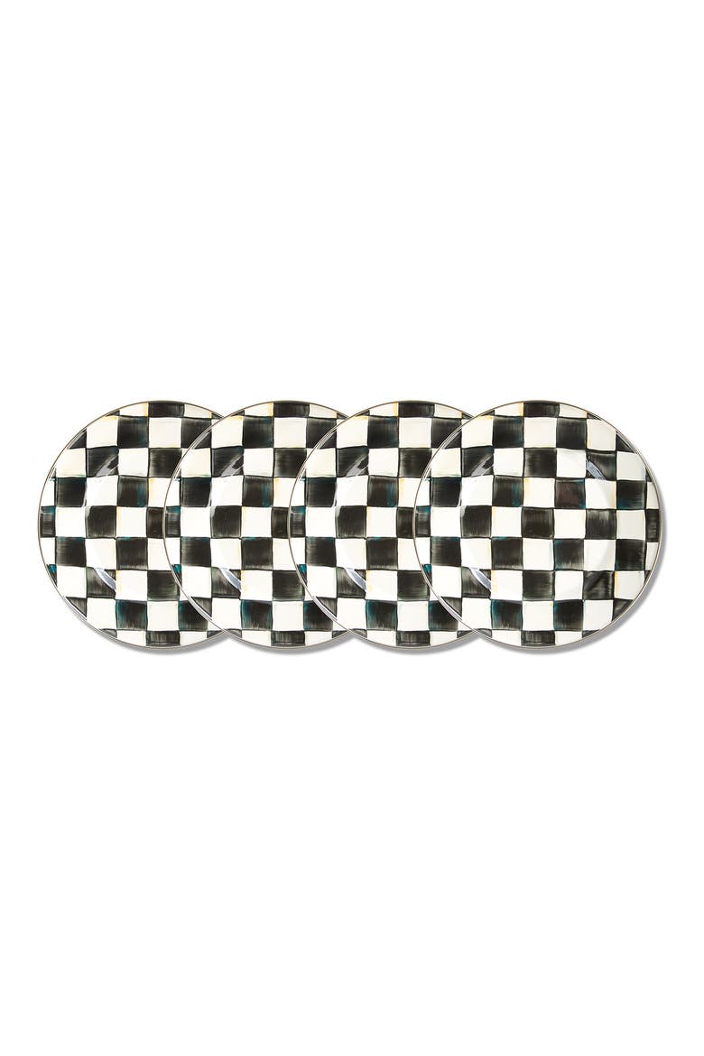 Courtly Check Set of 4 Enamel Dinner Plates, Main, color, BLACK/ WHITE