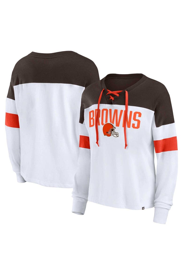 Women's Fanatics Branded White/Brown Cleveland Browns Plus Size Even Match Lace-Up Long Sleeve V-Neck Top, Main, color, White