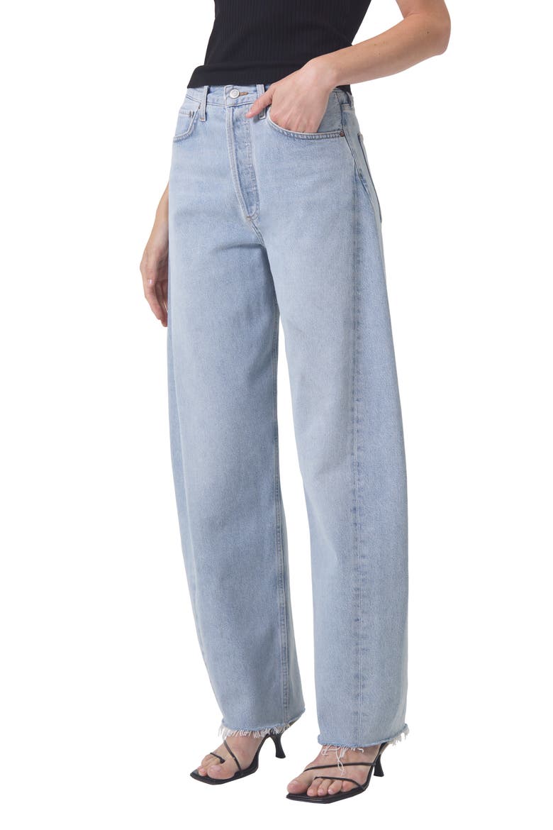 Luna Pieced High Waist Raw Hem Barrel Jeans, Main, color, VOID