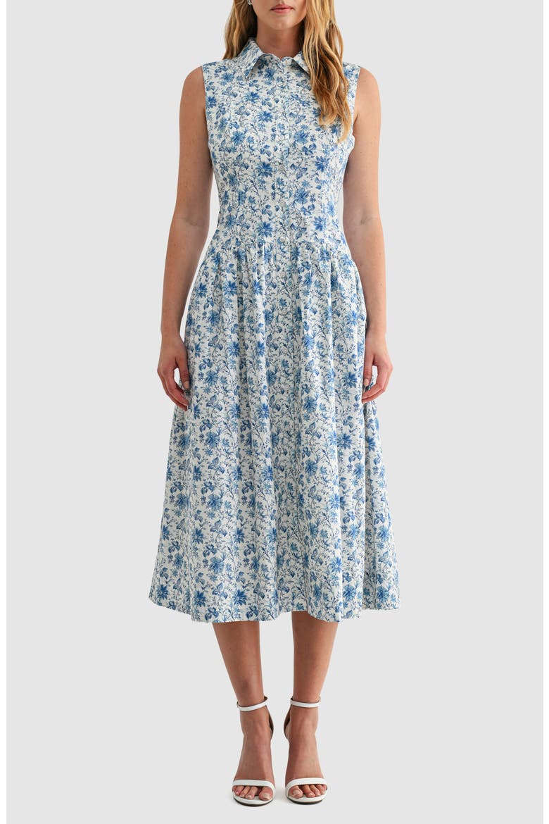 Floral Sleeveless Cotton Midi Shirtdress, Main, color, BLUE FLORAL