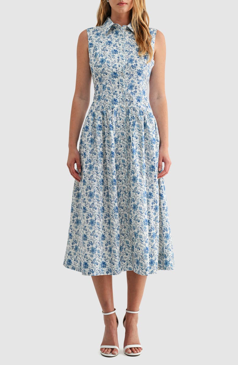 Mila Mae Floral Sleeveless Cotton Midi Shirtdress, Main, color, Blue Floral