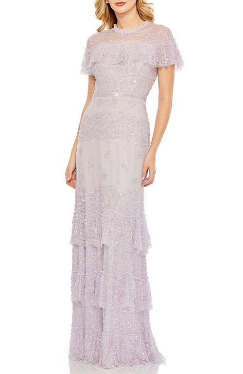 Mac Duggal Hand Embellished Cap Sleeve Ruffle Tiered Gown In Lilac