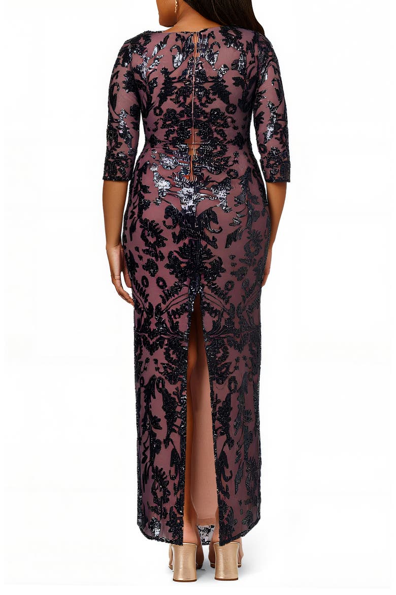 Beaded Back Slit Gown, Alternate, color, NAVY/ ROSEGOLD