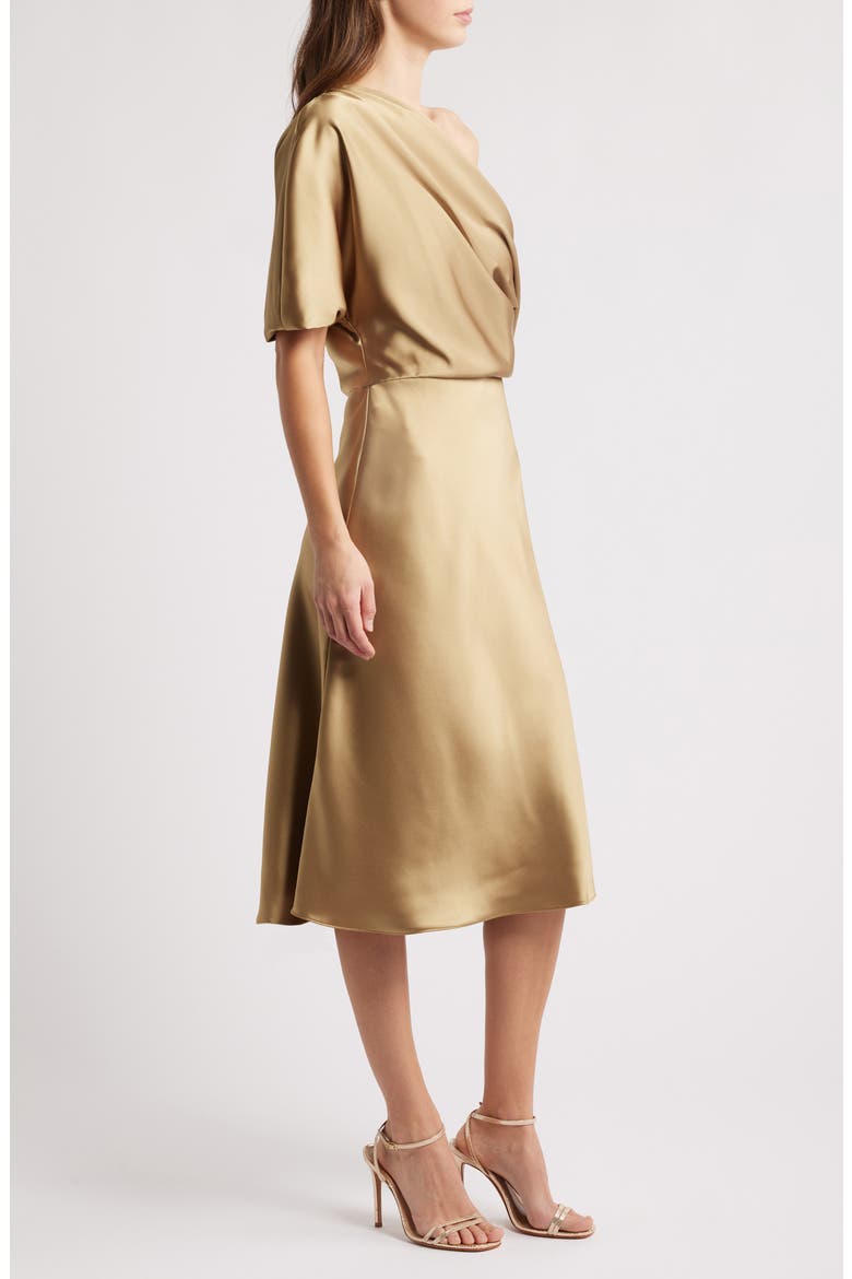 One-Shoulder Fluid Satin Cocktail Midi Dress, Alternate, color, GOLD