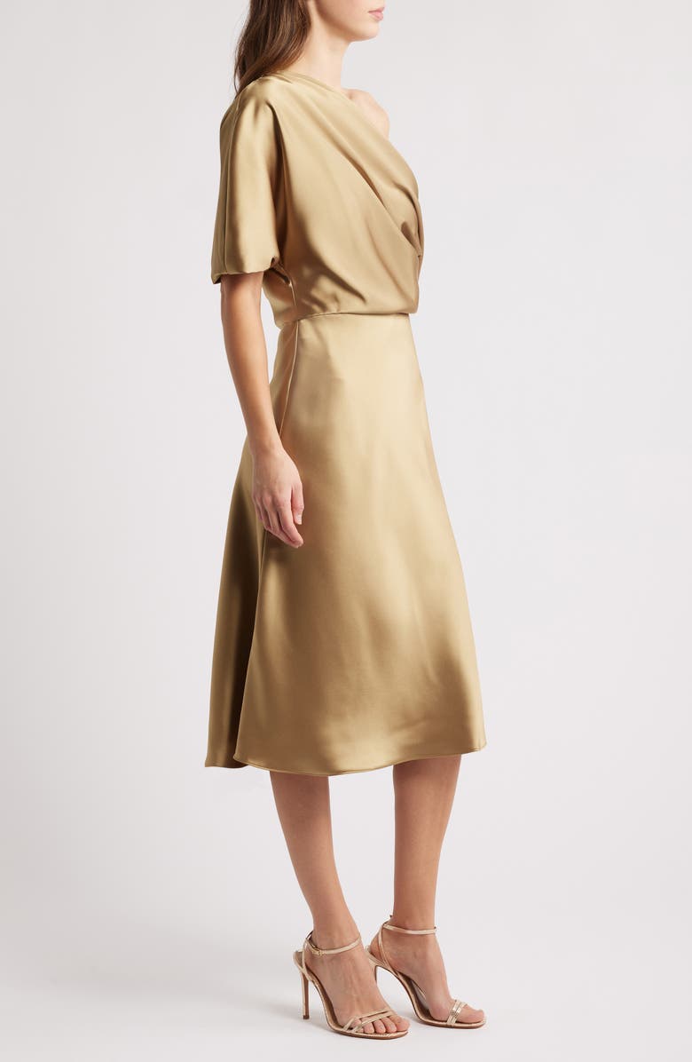 Amsale One-Shoulder Fluid Satin Cocktail Midi Dress, Alternate, color, Gold