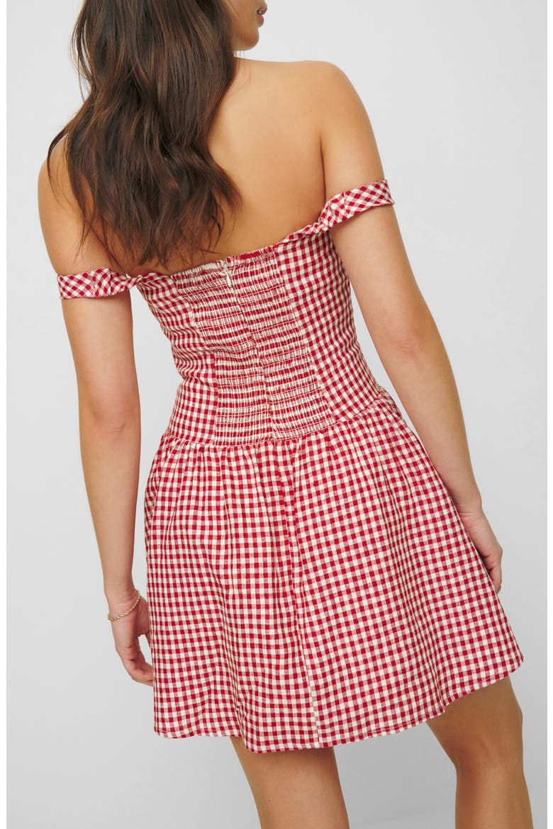 Sora Gingham Off the Shoulder Linen Minidress, Alternate, color, TOMATO CHECK