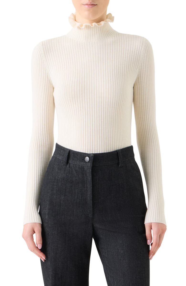 Akris punto Ruffle Mock Neck Rib Wool Sweater, Main, color, Cream