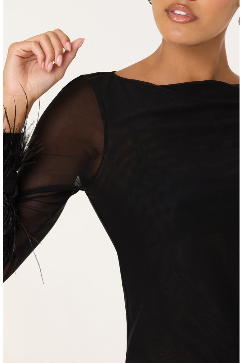 Brisa Feather Trim Long Sleeve Top, Alternate, color, BLACK