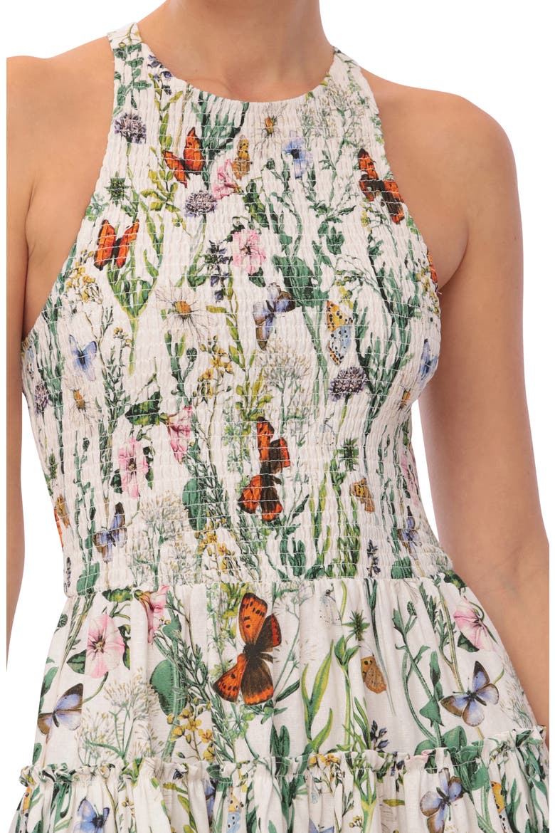 Floral Smocked Bodice Linen Blend Midi Dress, Alternate, color, BUTTERFLY FLORAL