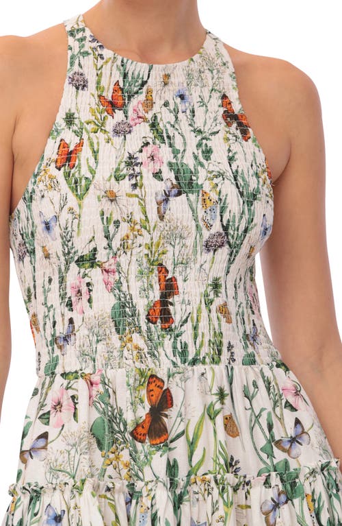 Avec Les Filles Floral Smocked Bodice Linen Blend Midi Dress In Butterfly Floral