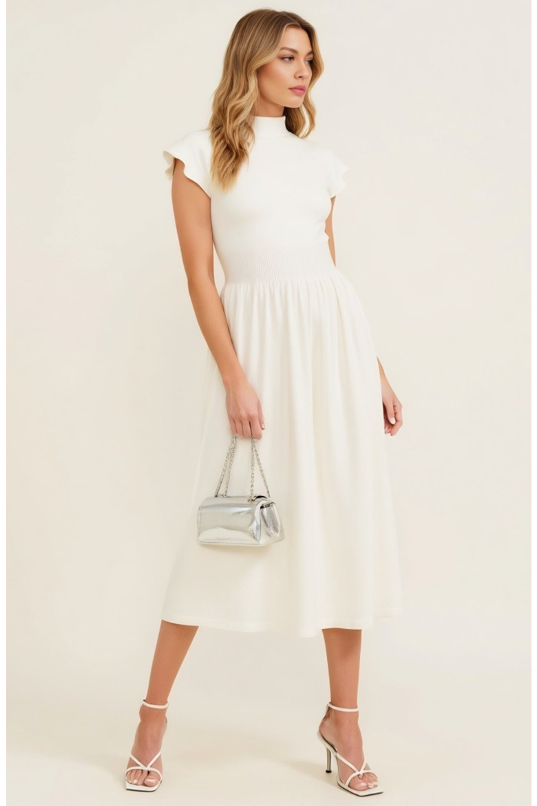 Mock Neck Cap Sleeve Knit Midi Dress with Elastic Waist Detail, Alternate, color, White