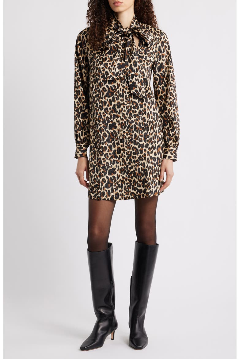 Leopard Print Long Sleeve Tie Neck Shift Dress, Main, color, TAN- BLACK SARAH LEOPARD