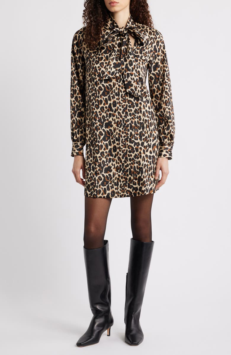Caslon<sup>®</sup> Leopard Print Long Sleeve Tie Neck Shift Dress, Main, color, Tan- Black Sarah Leopard