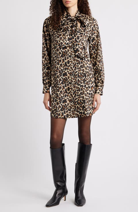 Leopard Print Long Sleeve Tie Neck Shift Dress