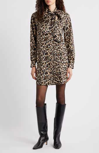 Caslon® Leopard Print Long Sleeve Tie Neck Shift Dress