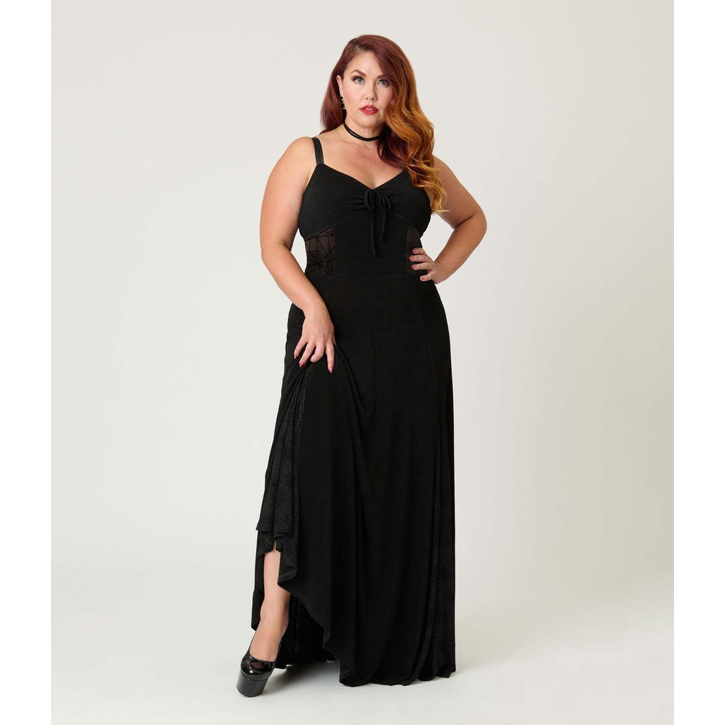 Unique Vintage Plus Size Sheer Spiderweb Godet Maxi Dress In Black