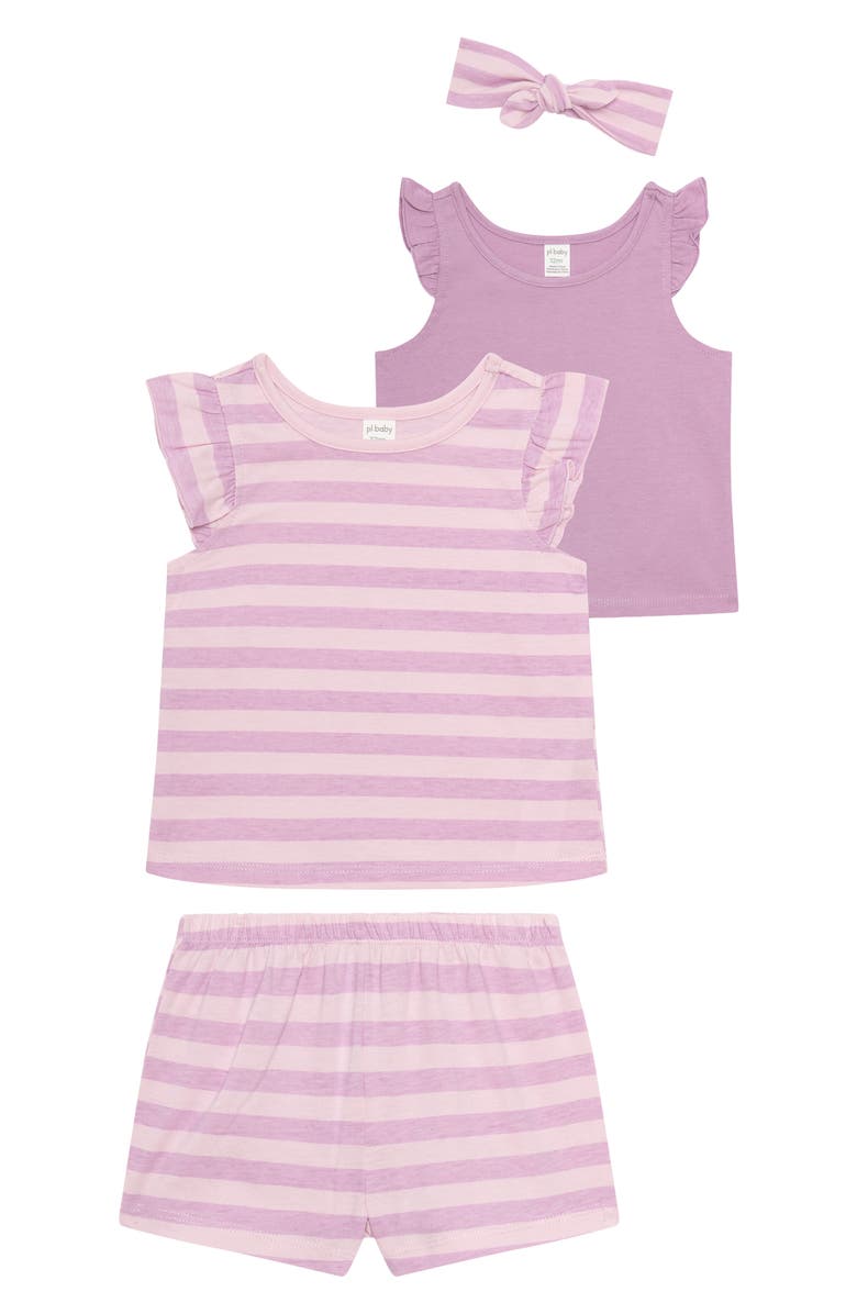 PL Baby by Petit Lem 4-Piece Tops, Shorts & Headband Set, Main, color, Light Purple Stripe