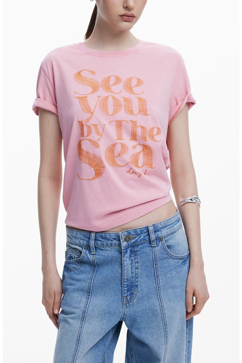 By the Sea Embroidered Cotton T-Shirt, Main, color, PINK