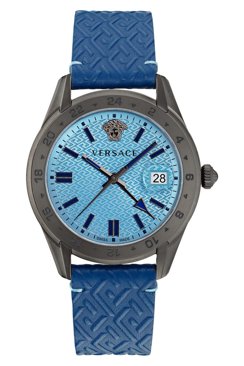 Greca Time Leather Strap Watch, 41mm, Main, color, GUN/ BLUE