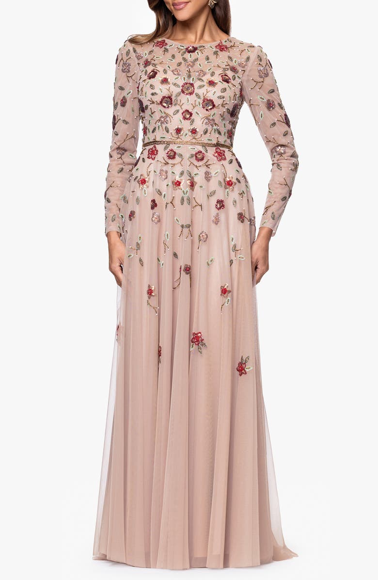 Xscape Evenings Beaded Long Sleeve Chiffon Gown, Main, color, Nude/ Multi