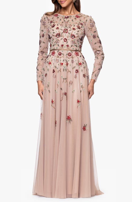 Xscape Evenings Beaded Long Sleeve Chiffon Gown In Pink