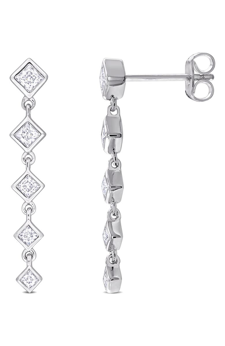 DELMAR Lab-Created Moissanite Linear Drop Earrings, Main, color, Silver/ White