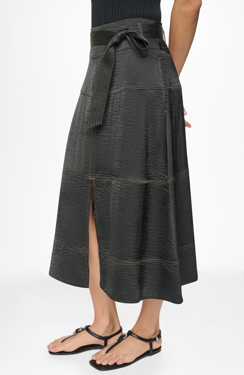 DKNY Tie Waist Contrast Stitch Midi Skirt, Alternate, color, Black