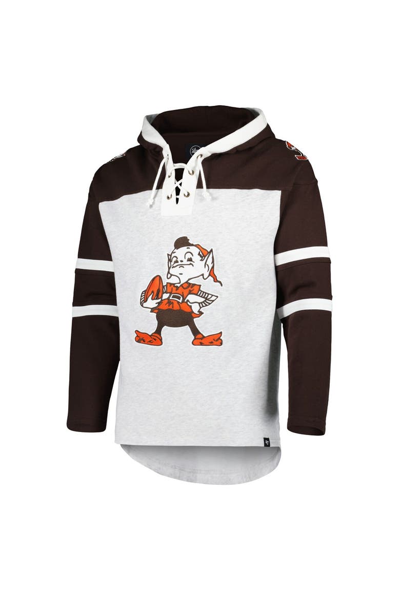 Men's '47 Cleveland Browns Heather Gray Brownie The Elf Historic Logo Gridiron Lace-Up Pullover Hoodie, Alternate, color, Heather Gray