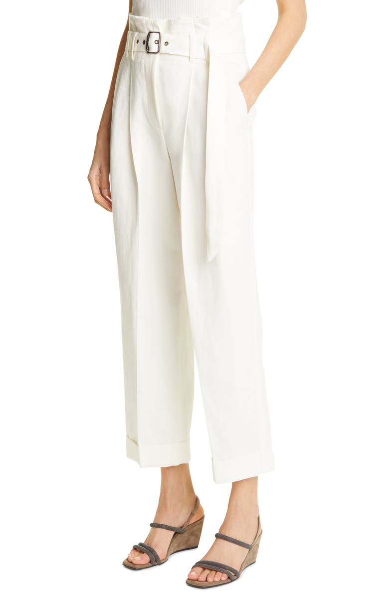 Brunello Cucinelli Paperbag Waist Pleated Cotton & Linen Pants, Alternate, color,