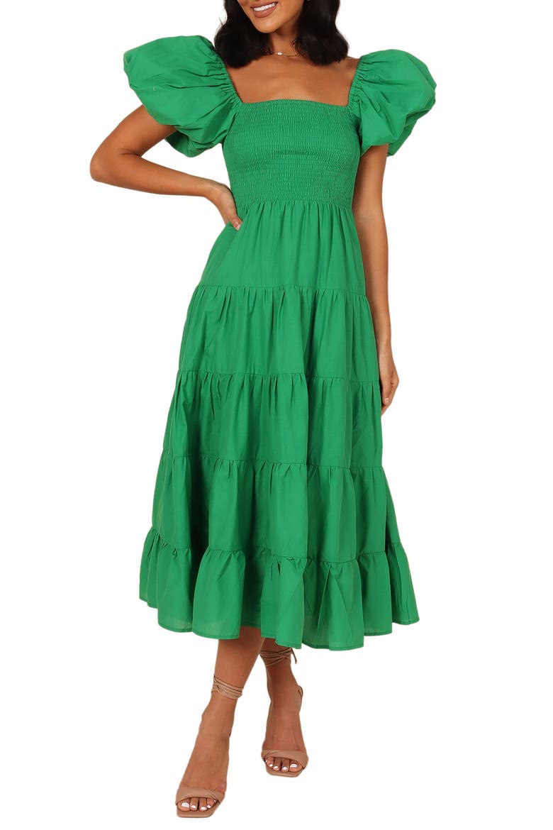 Annette Puff Sleeve Midi A-Line Dress, Main, color, GREEN