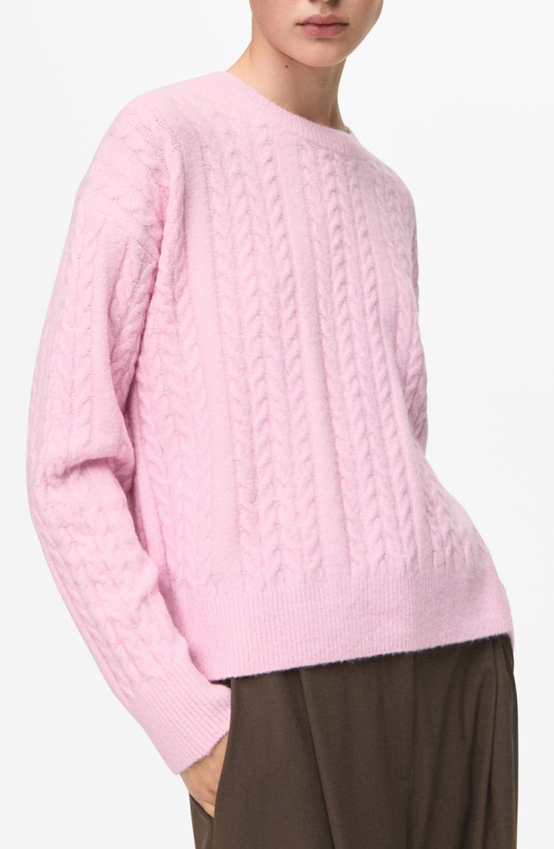 MANGO Cable Stitch Crewneck Sweater, Main, color, Pink
