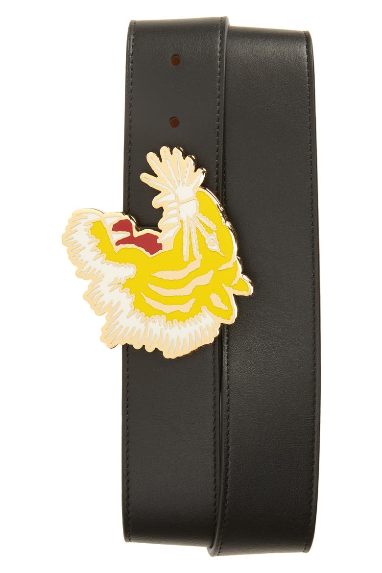 Tiger Buckle Reversible Leather Belt, Main, color, BLACK