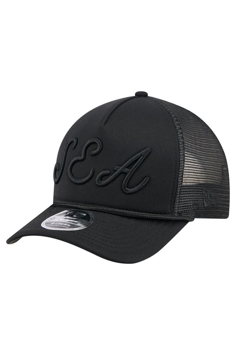 Men's New Era Black Seattle Mariners City Initial 9FORTY A-Frame M-Crown Adjustable Trucker Hat, Main, color, Black