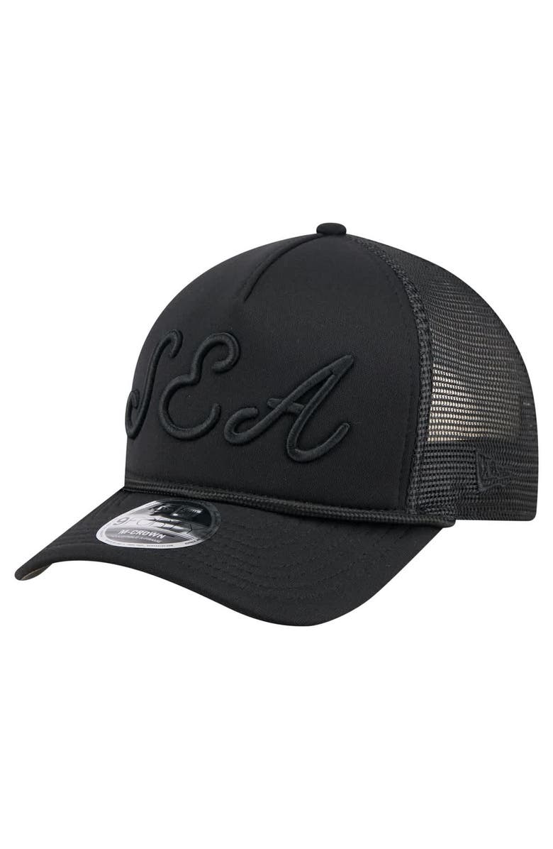 New Era Men's New Era Black Seattle Mariners City Initial 9FORTY A-Frame M-Crown Adjustable Trucker Hat, Main, color, Black