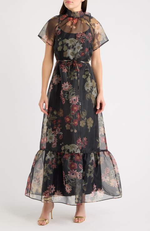 Print Tie Waist Organza Gown
